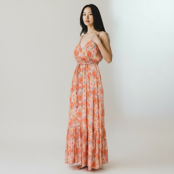Jaase Floral Maxi Dress M Orange Boho Rayon Resort Tiered Beach Sundress