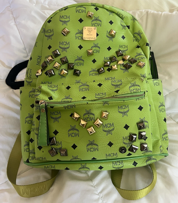 #ad MCM Green Monogram Logo Studded Zip Women’s Backpack Adjustable Straps $250.00