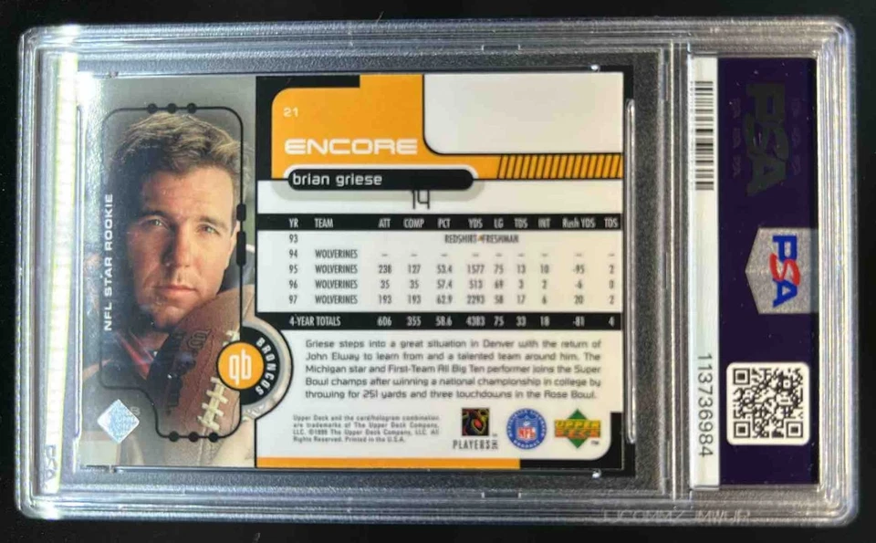 1998 Upper Deck Encore Brian Griese Rookie RC #21 Broncos PSA 9 - Image 2 of 2
