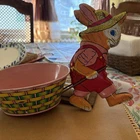 J Chein & Co. Easter Bunny Rabbit Pulling Cart Tin Litho Toy 1950s Vintage, 10”