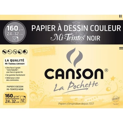 Papier dessin - 24x32 - Canson - Mi-teintes - Noir - 160g - 12 feuilles - Dessin - Photo 1/2
