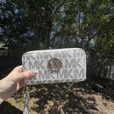 Michael Kors Logo Zip-Around Wristlet Women's Wallet Ivory Gray
