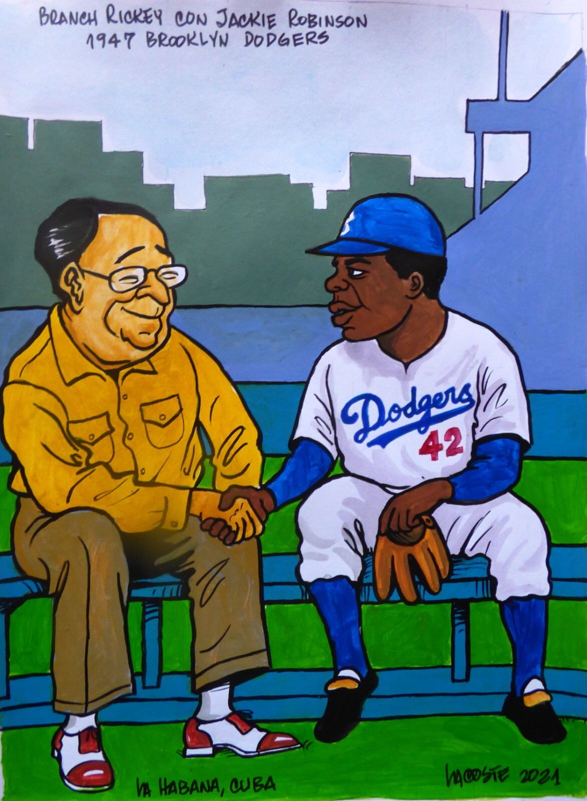 Cuban Drawing JACKIE ROBINSON & BRANCH RICKEY Baseball Hall of Fame