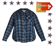 Terra & Sky Women's Plus Size 2X 20W-22W Blue Plaid Button Lightweight Woven Top