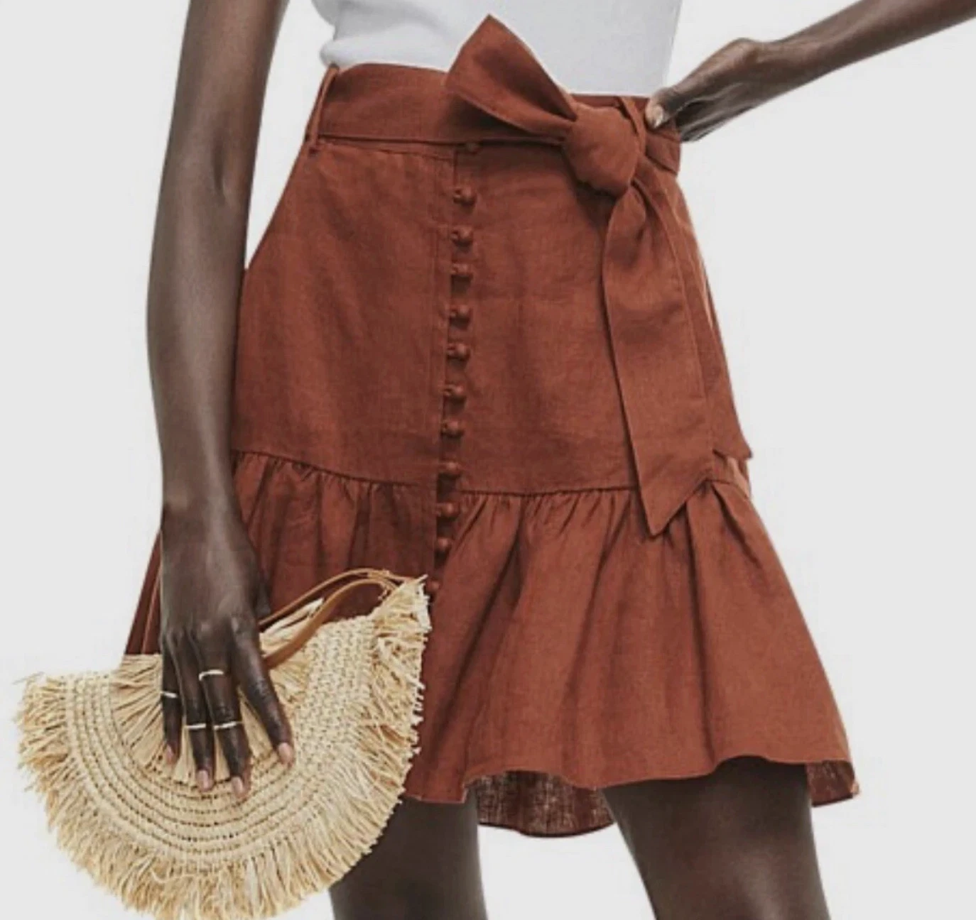 Witchery Brown Linen Skirt Size 10 M Short Feature Buttons Clay Tie Belt