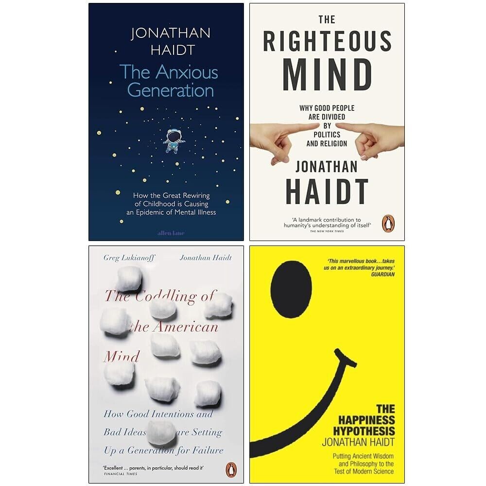 Jonathan Haidt Collection 4 Books Set Happines Hypothesis,Anxious Generation(HB)