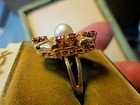 estate 14K Pearl / 1940's Garnet Ring w/ Florentine Finish — photo 7