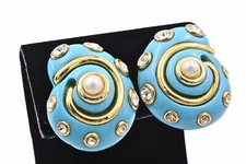 Kenneth Jay Lane Designer Signed Sea Shell Faux Pearl Rhinestones Earrings