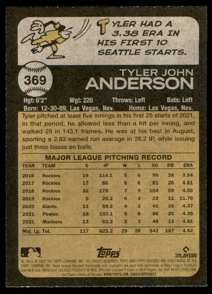 2022 TOPPS HERITAGE TYLER ANDERSON SEATTLE MARINERS #369 - Image 2 of 2