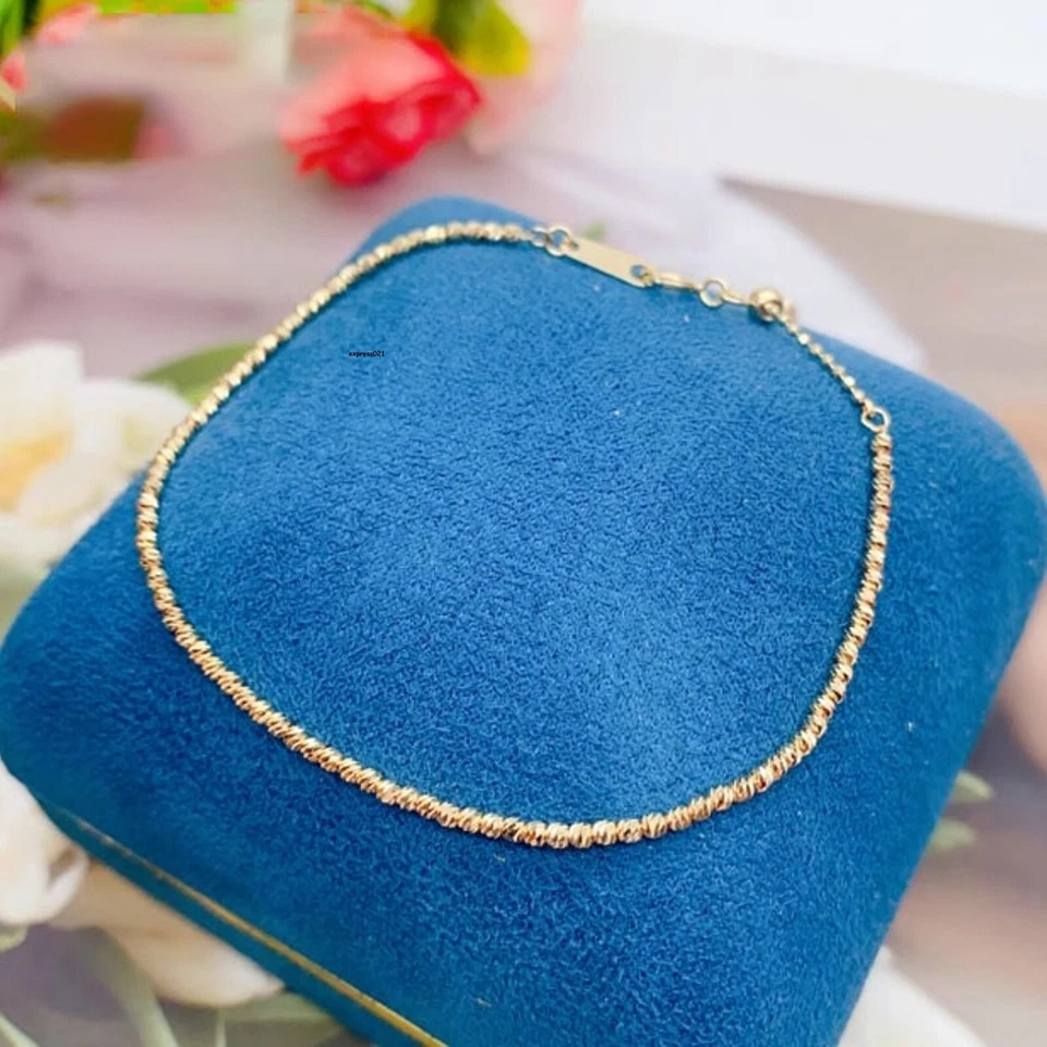 1PC Pure 18K Yellow Gold Chain Women 1.6mm Carved Beads Link Adjustable Bracelet - Image 3 of 4