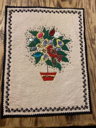 Vintage Handmade Christmas Felt Beaded Partridge in a Pear Tree Wall Table Decor - Picture 1 of 9