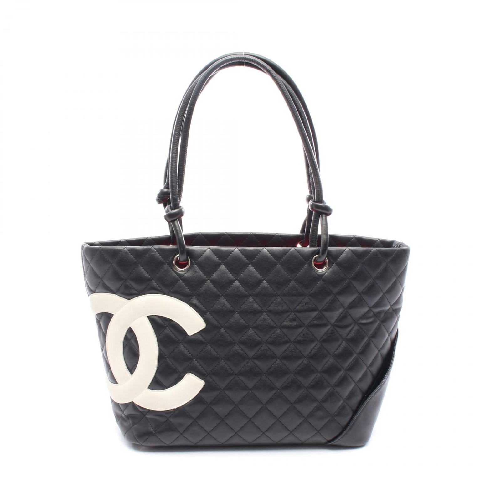 CHANEL Cambon Large Lambskin Tote Bag Black White Silver Hardware