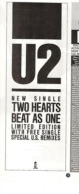 U2 Two Hearts Beat As One UK magazine ADVERT / mini Poster 11x4 inches