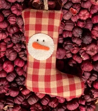 Primitive Christmas Red Homespun Plaid Stocking w Snowman Applique Ornament