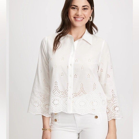 Laura Eyelet Detail White Button Down Blouse Size 6 NWT