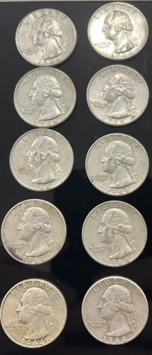 TEN (10) Silver Washington Quarters 1964 Lot of 10 circulated silver coins