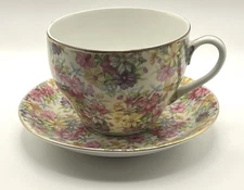 Lipper & Mann Floral Chintz Cup & Saucer with Gold Trim Made in Japan