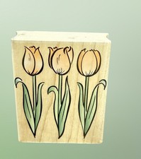 New 2001 HERO ARTS Wood Mounted Rubber Stamp THREE PINK TULIPS TRIO SCRAPBOOKING