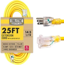 25 Ft Outdoor Extension Cord - 14/3 SJTW Heavy Duty Yellow 14 Gauge Lighted Elec