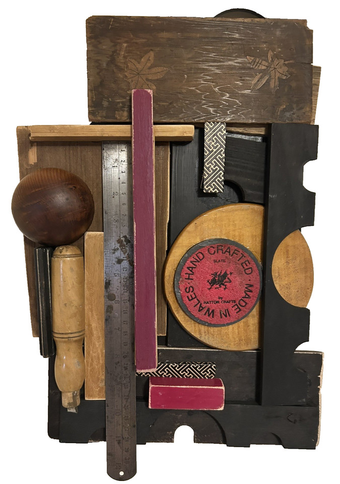 A one-of-a-kind handmade assemblage artwork built from curated vintage objects — the kind of wall piece that stops guests mid-sentence.