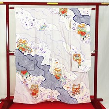 Kimono japonais 'FURISODE' soie/crème/grue/fleur/traditionnel/vintage N0550