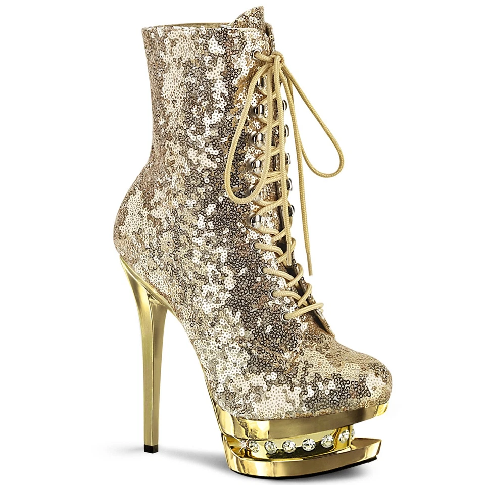Sale BLONDIE-R-1020 Pleaser High-Heels Stiefeletten gold Chrom Pailletten Gr 38 - Bild 1 von 1