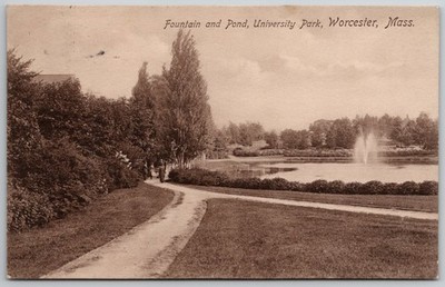 1912 Worcester MA University Park Fountain Pond Postcard