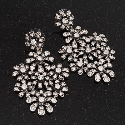 Vintage Ohrringe mit Diamanten und Blumen (verbrenntes silbernes Metall) - 6 cm Tropfen