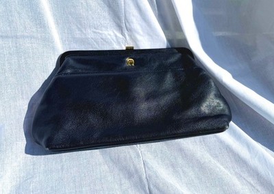 Vintage Etienne Aigner Navy Blue Leather Large Frame Clutch Purse 12  Gold Logo