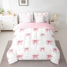 7 Pieces Pink Bow Comforter Set Full Size, Watercolor Bow Print Bedding Set, ...