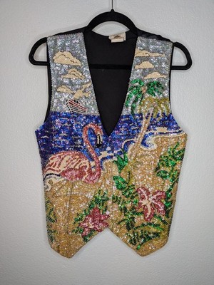 Vintage To The Max Beaded Sequin Vest Flamingo Tropical Scene Art Vest