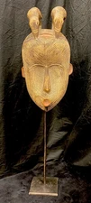 Vintage Songye Kifwebe African Hand Carved Wood Horned Face Mask W Metal Stand