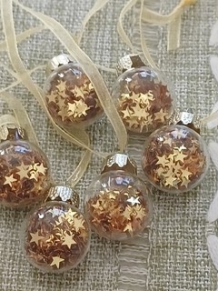 6 Mini Glass Decorative Baubles Gold Stars Thin Gold Hanging Ribbon Gift Box