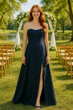 Alfred Sung Women's Size 8 Navy Blue Satin Strapless Maxi Dress Bow