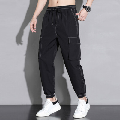 Uomo Affusolato Pantaloni con Risvolto Cargo Jogging Coulisse