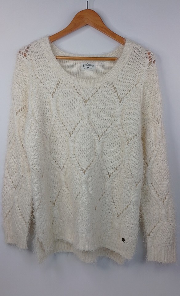 Lee Cooper Creamy White Fluffy Cable Knit Jumper Womens Large