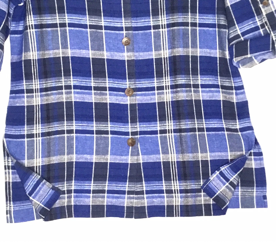 Camisa Karen Scott Sport azul xadrez mistura de linho botão frontal - Imagem 3 de 4