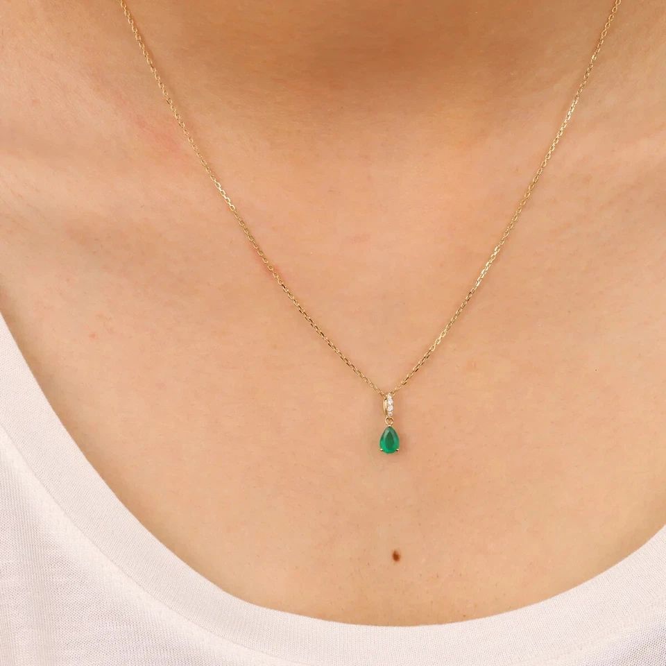 0.32 CT Natürlich Grün Smaragd Und Diamanten Anhänger 10K Gelbgold ohne Kette - Bild 2 von 4