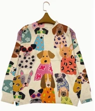 NEW Adorable Ivory Abstract Dog Art Print Sweater Sizes S, M, L, XL