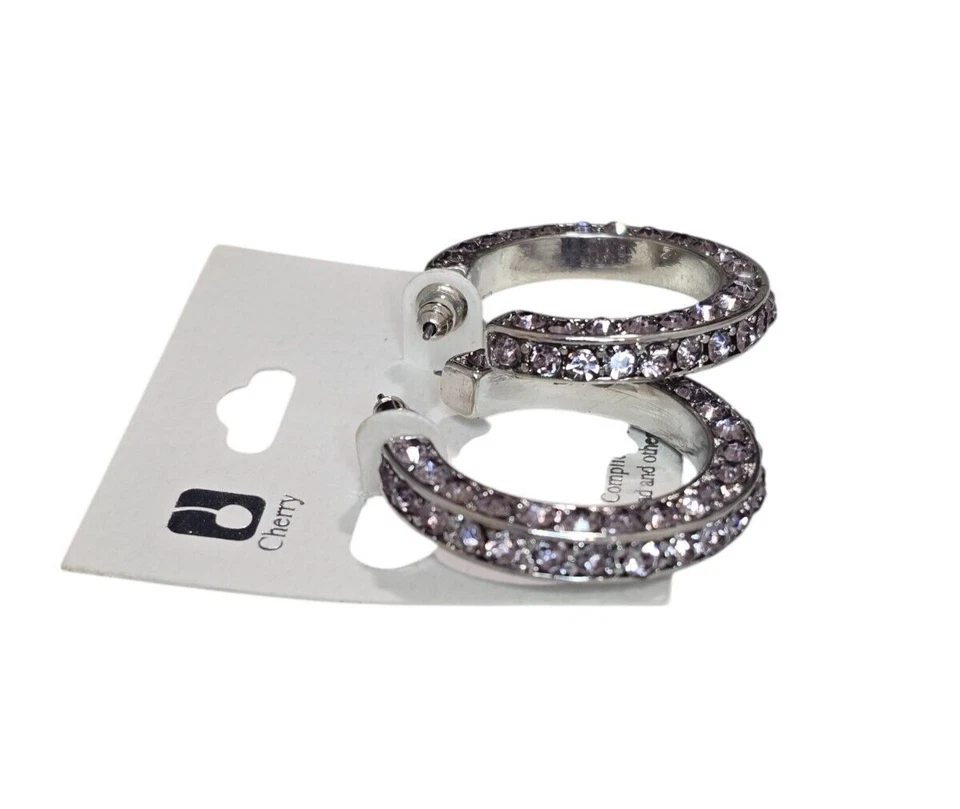 Cherry Trendy女式银色格子灰色水晶穿孔环状耳环全新带标签 — 第 3/3 张图片