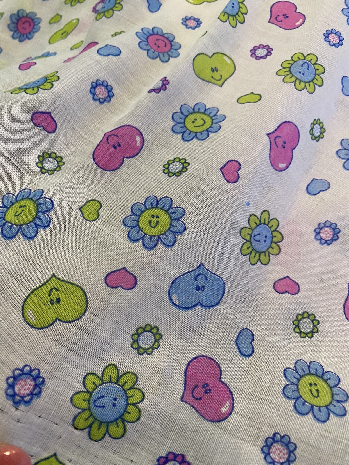 Vtg  Whimsical Floral Light Dimity Cotton Fabric Hearts Pink Blue 5 Yds Av BTY