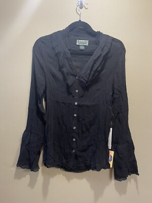 2OH Threads Women's Size Large Black Sheer Button Up Silk Ruffle Shirt 
