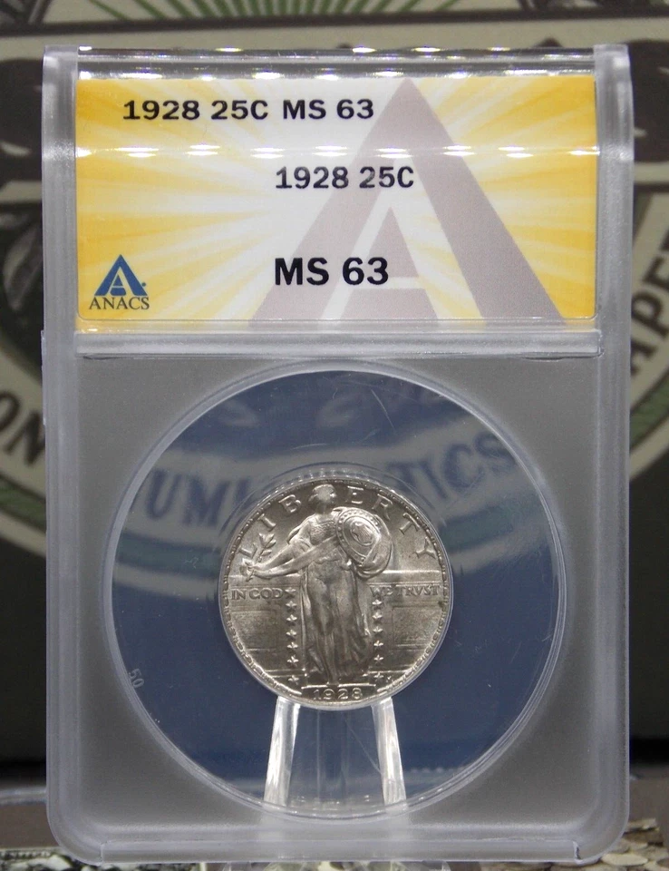 1928 "P" Standing SILVER Liberty Quarter 25c ANACS MS63 #400 BU Unc ECC&C, Inc. - Image 3 of 4