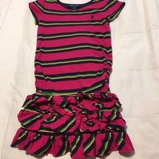 RALPH LAUREN GIRLS DRESS SIZE 6 PINK STRIPED WITH TIERED RUFFLED BOTTOM