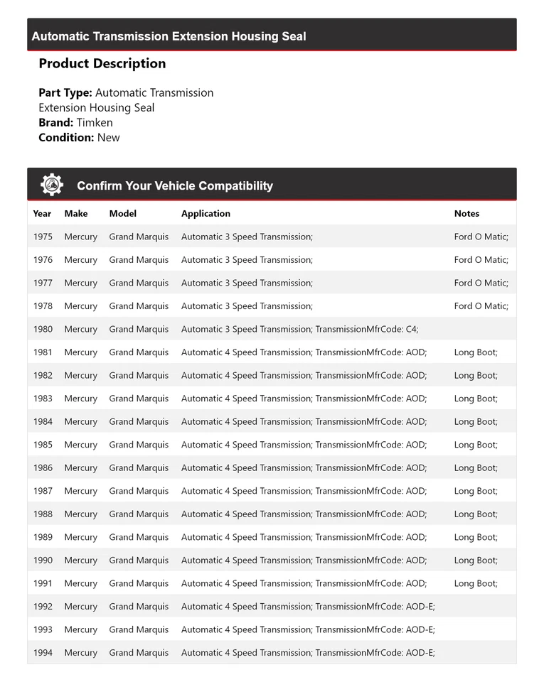 Уплотнение удлинительного корпуса Mercury Grand Marquis AT 1975-1978, 1980-1994 годов выпуска Timken - Изображение 2 из 4