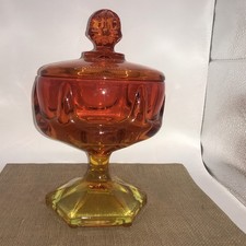 Viking Glass Persimmon Epic Column Ribbed Covered Lidded Compote Dish Candy