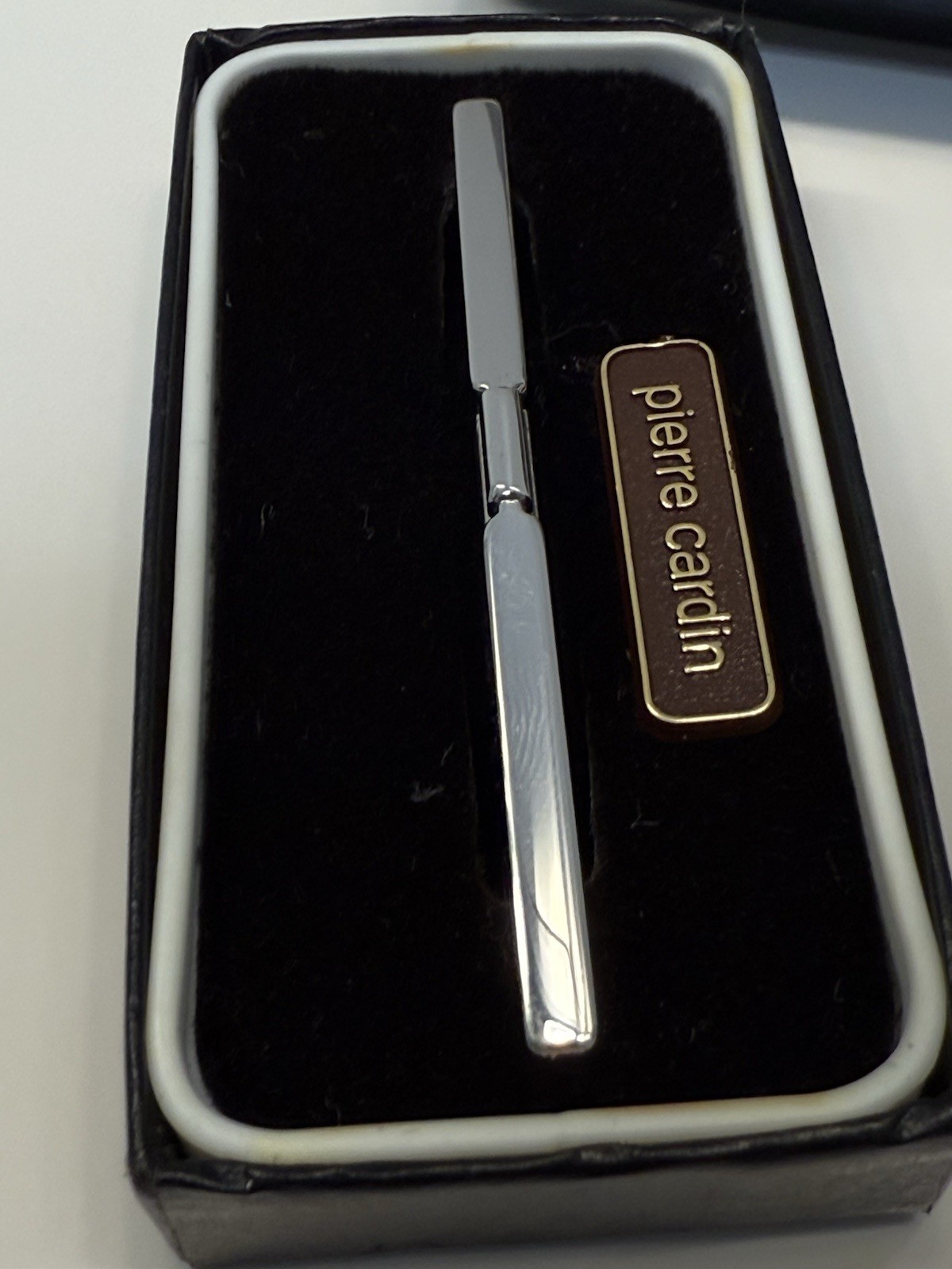 Pierre Cardin Collar Tie Bar Clap Clip Silver Tone Metal Finish In Box