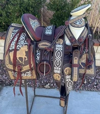 15" BURGUNDY CHARRO HORSE SADDLE, MONTURA CHARRA PARA CABALLO, Horse Gear, Tack