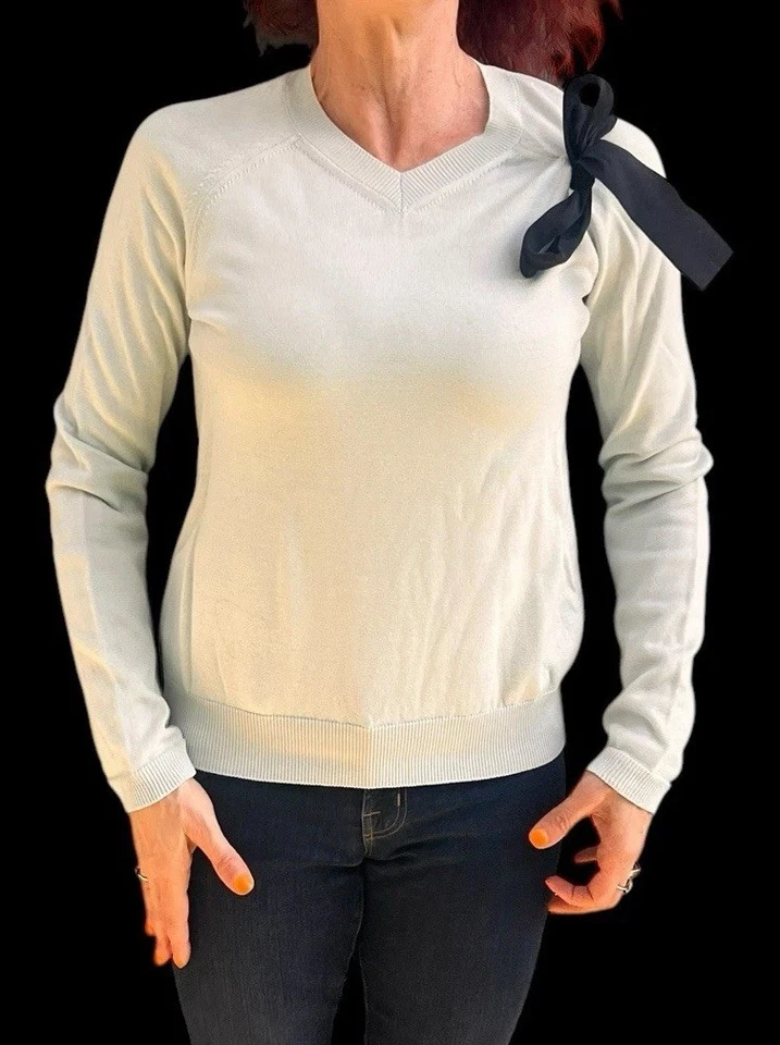 SUÉTER JUMPER ROJO VALENTINO VINTAGE MUJER AZUL CLARO ALGODÓN CUELLO EN V LAZO PEQUEÑO Foto 2 de 4