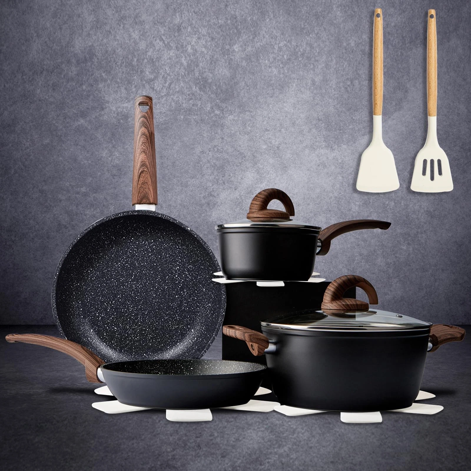 Vkoocy Non Stick Pots and Pans Set, Healthy Ceramic Cookware Set, 12pcs Kitchen